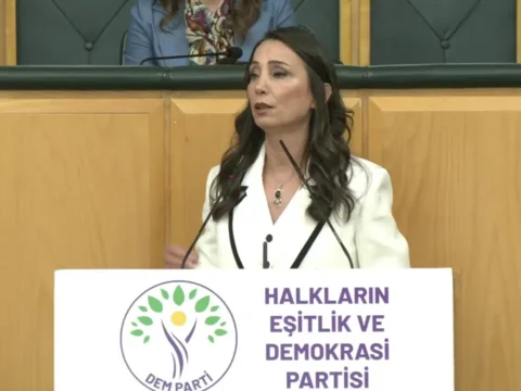 Tülay Hatimoğulları DEM Parti grup toplantısında konuşuyor